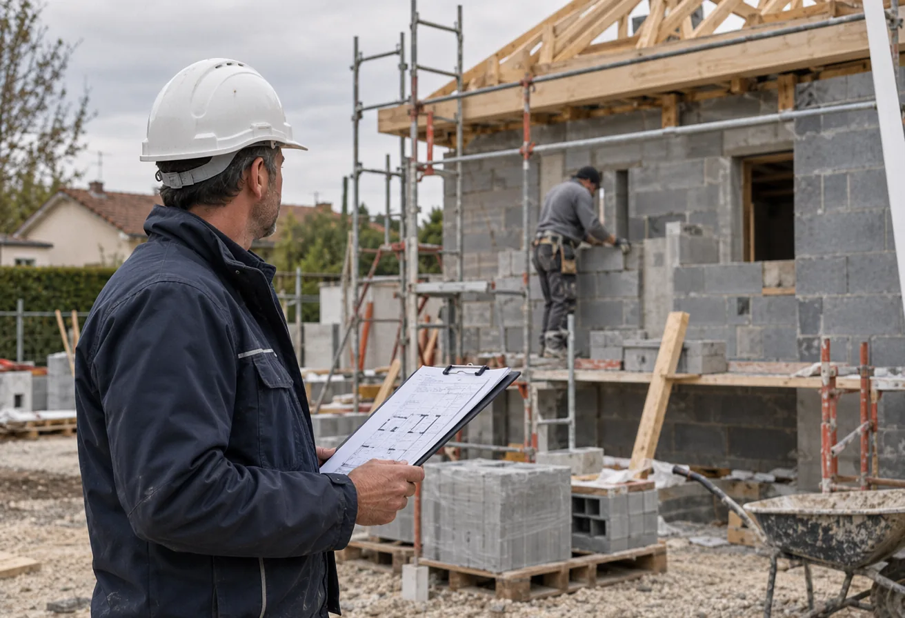 A site manager holding a clipboard in front of a house under construction