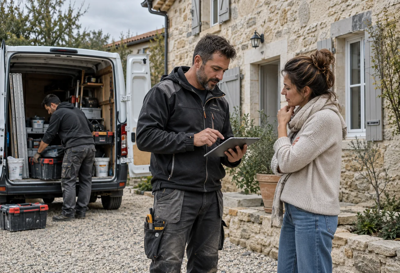 A contractor showing a tablet to a homeowner in front of a stone house