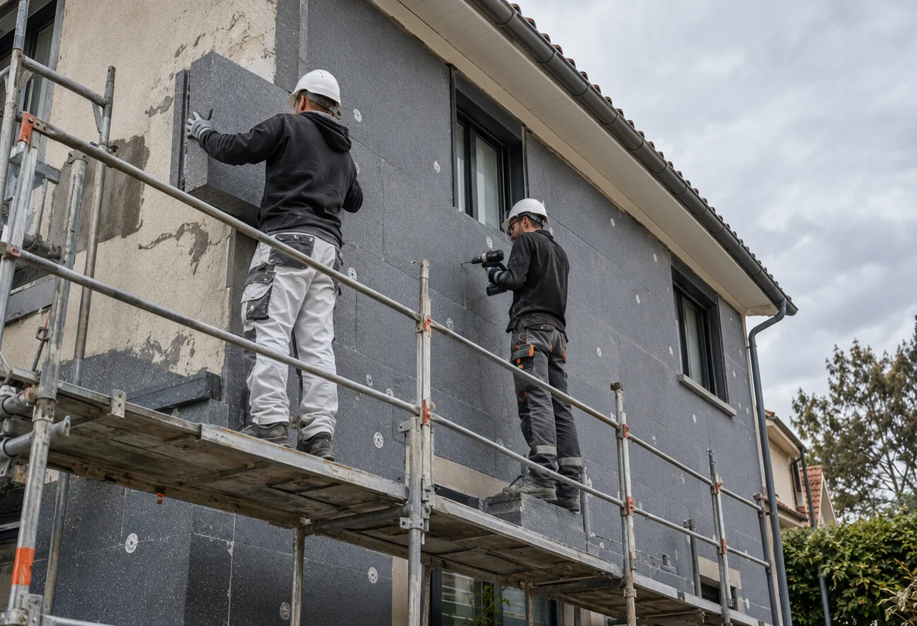 Two builders on scaffolding fixing external insulation boards to the facade of a house