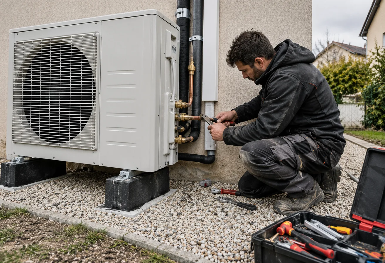 A heating technician connecting a heat pump outside a house