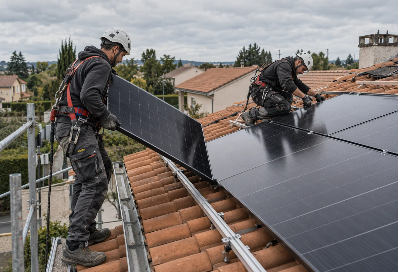 Two installers in safety harnesses fitting solar panels on a tiled roof